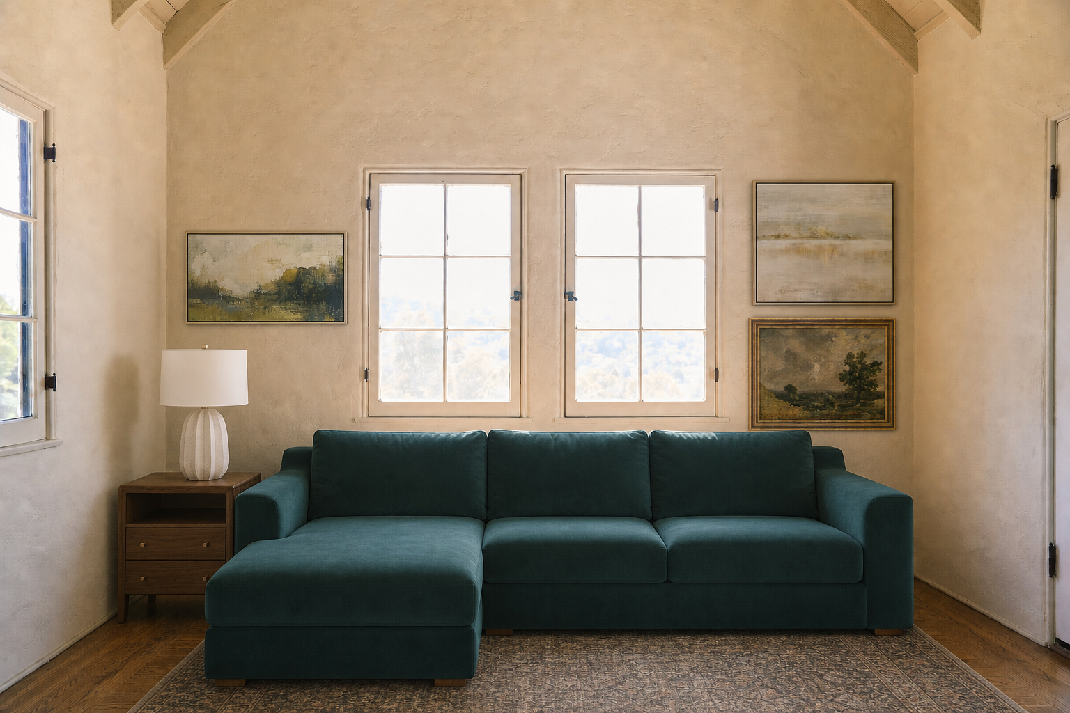 The same room with a brand-catalog product staged in by Wares.